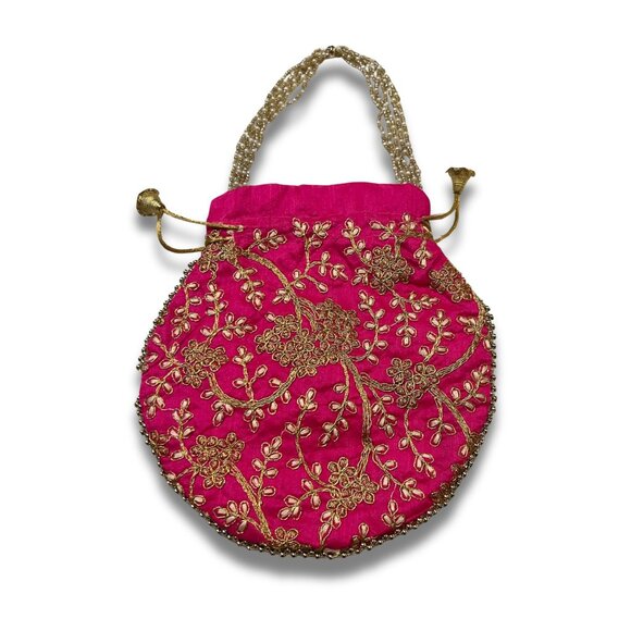 Indian Potli Handbag In Hot Pink With Gold Embroidery & Beaded Handle - Picture 3 of 4